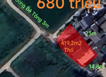 Bán lô đất thổ hai mặt tiền đường Bê tông 3 m giá 680 triệu