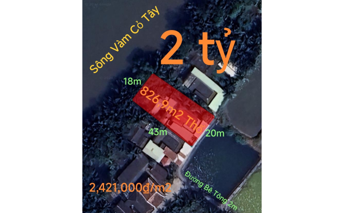 Bán lô đất thổ có nhà mặt tiền sông Vàm Cỏ Tây giá 2 tỷ 