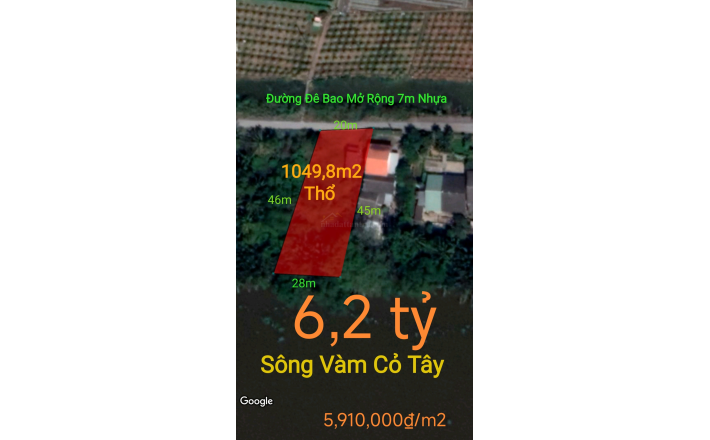 Bán lô đất thổ xây biệt thự vẹn sông vàm cỏ giá 6,2 tỷ