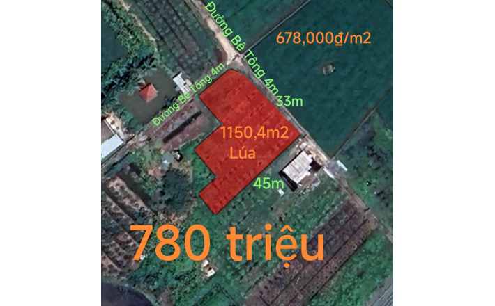 Bán lô đất lúa hai mặt tiền đường Bê tông 4 m giá 780 triệu 