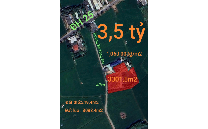 Bán lô đất thổ lúa mặt tiền đường đan 3m giá 3,5 tỷ