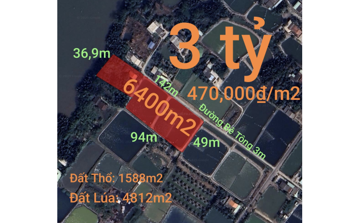 Bán lô đất thổ lúa mặt tiền đường đan 3m giá 3 tỷ