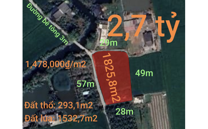 Bán lô đất thổ và lúa gần Tỉnh Lộ 827E giá 2,7 tỷ