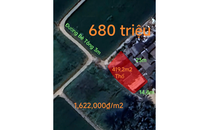 Bán lô đất thổ hai mặt tiền đường Bê tông 3 m giá 680 triệu